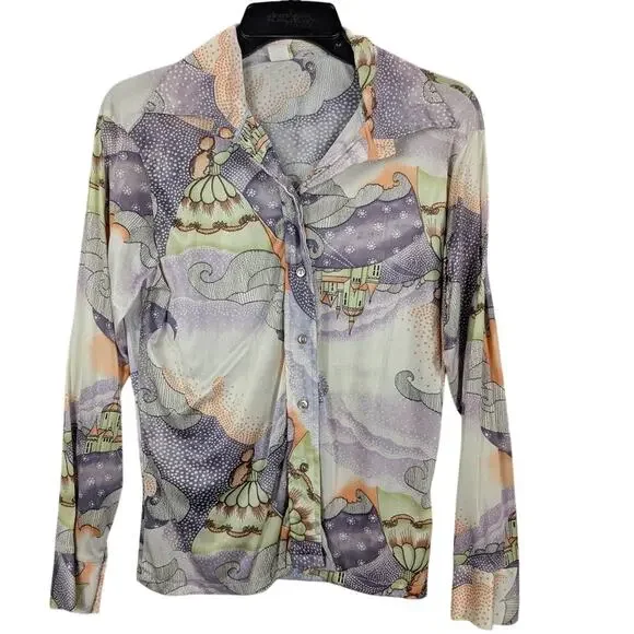 Vtg Shirt Set Womens 38 Purple Union Made Long and Short Sleeve Princess Castle - Picture 2 of 11